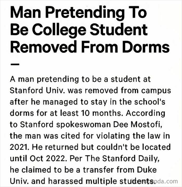 Text details story of a man cheating the system by posing as a Stanford student, living in dorms for 10 months.