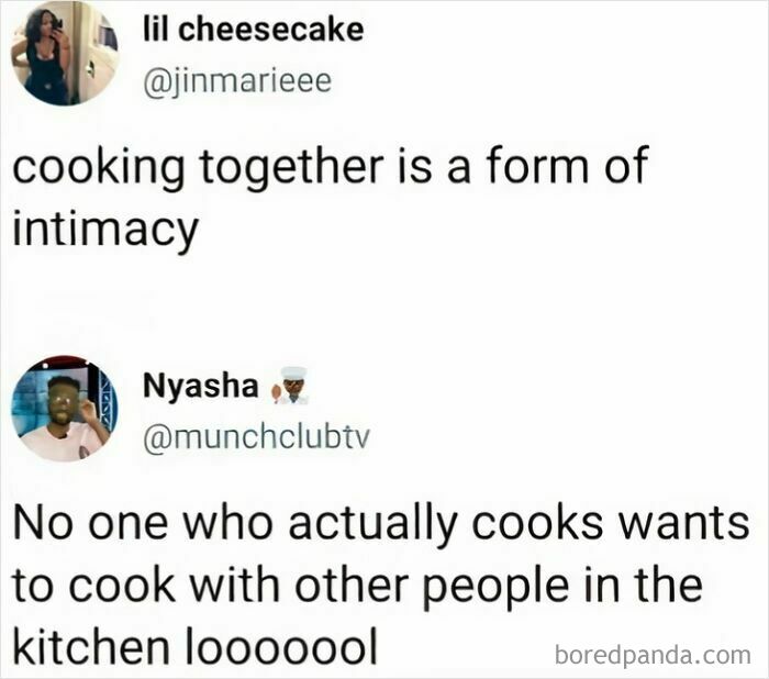 Two amusing memes discussing cooking and intimacy, highlighting humorous introvert perspectives.