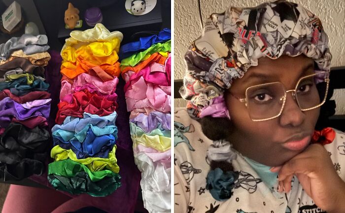 Colorful 80s scrunchies and a person wearing a retro cap, evoking nostalgic memories for grown-up kids of that era.