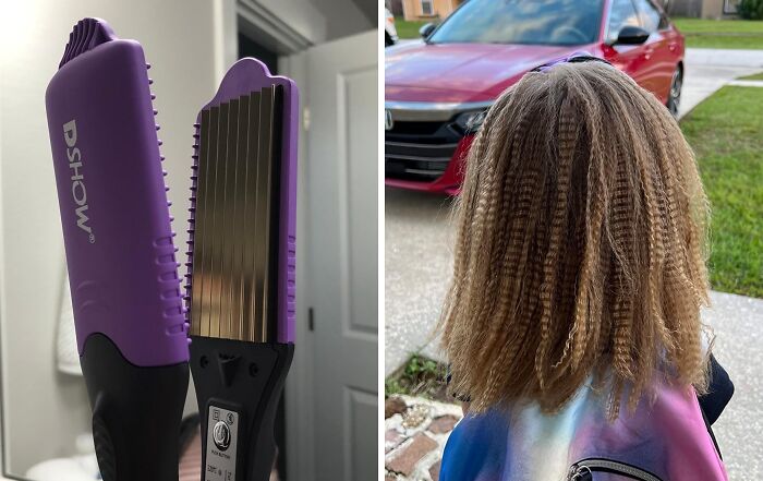 80s kids treasure: Purple crimping iron and crimped hair outside by a red car.