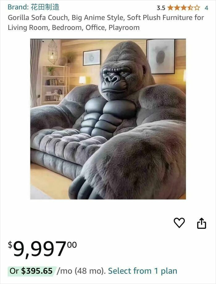 Plush gorilla-shaped sofa in living room setting, priced at $9,997, highlighting potential scam.