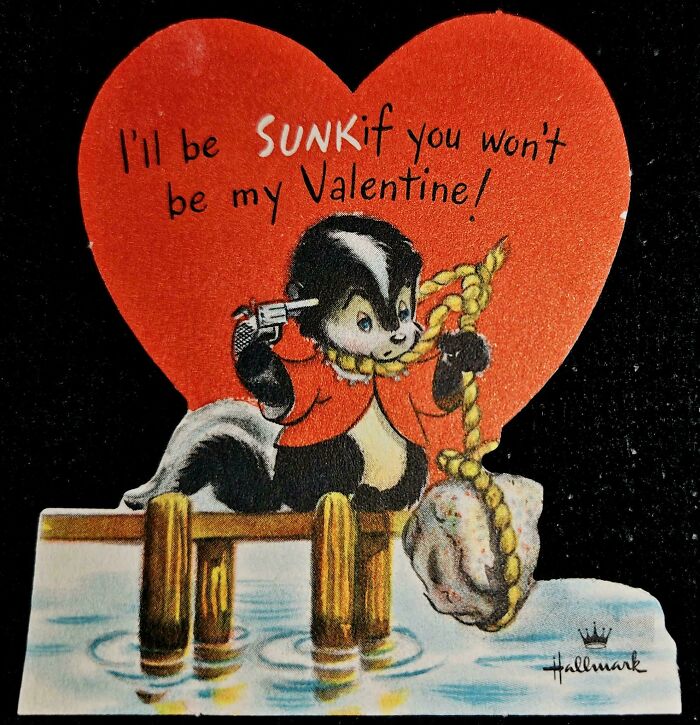 Vintage Valentine card with a skunk, red heart background, and a humorous message that seems ridiculous now.