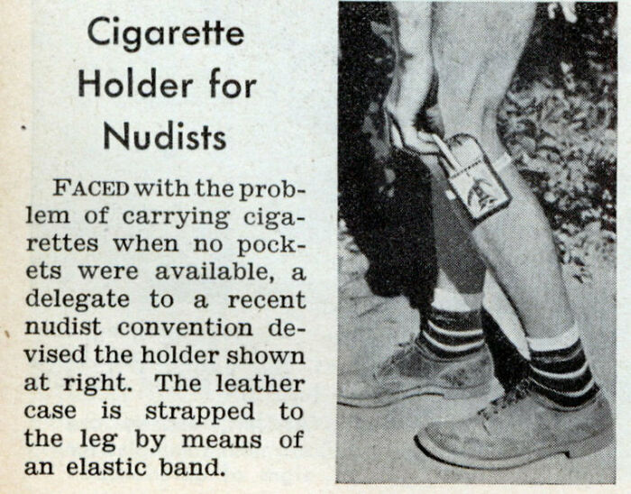 Man demonstrating a leg-strapped cigarette holder for nudists, highlighting a unique solution from a 20th-century publication.