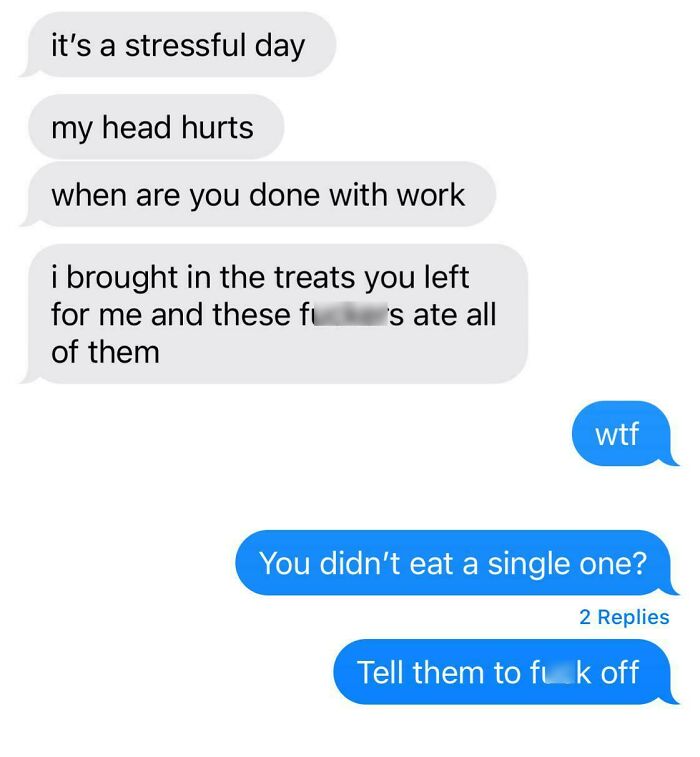 Text exchange showing a worst day at work, treats meant for someone eaten by others.