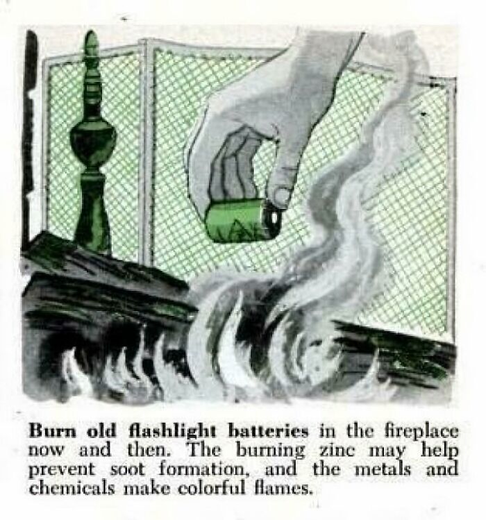 Hand holding a flashlight battery above a fireplace, illustrating ridiculous safety advice from the past.