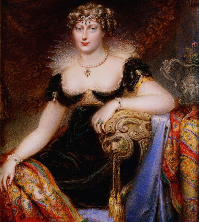 A historical figure in a lavish dress, embodying a turning point in history with elegant jewelry and intricate details.