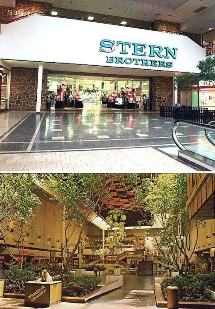 Vintage mall scenes showing Stern Brothers storefront and a lush indoor courtyard.