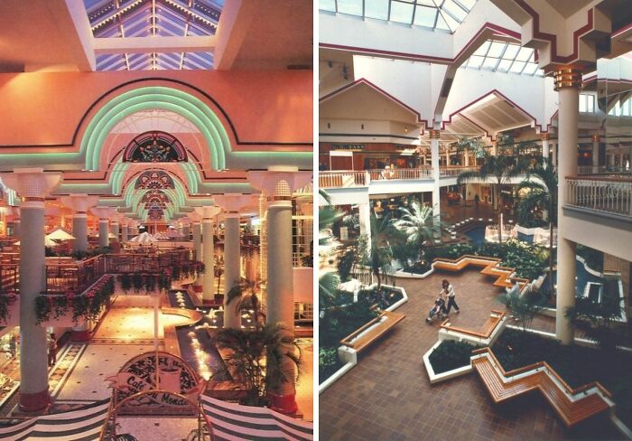 Vintage mall interiors with neon lights and lush greenery, showcasing nostalgic architecture and design.