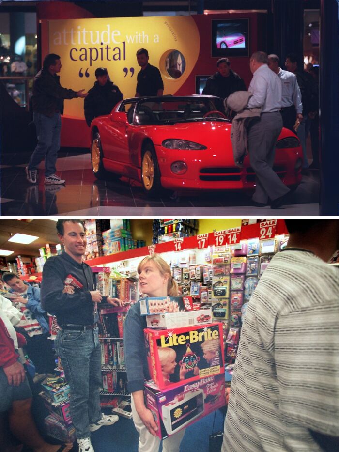 Vintage mall scene with a red sports car display and a toy store filled with nostalgic items like Lite-Brite and Easy-Bake Oven.
