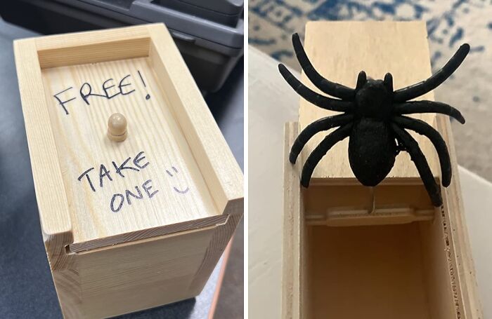 Wooden box labeled "Free! Take one" reveals fake spider for April Fools pranks.
