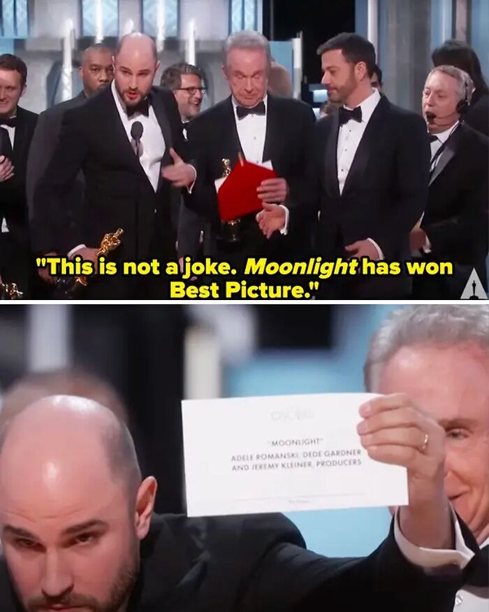 Scandalous awards moment with "Moonlight" winning Best Picture, revealing the correct envelope on stage.