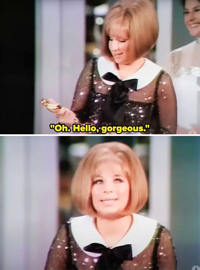 Award show moment with a woman holding a trophy, saying "Oh, hello, gorgeous," dressed in sparkly attire and smiling.