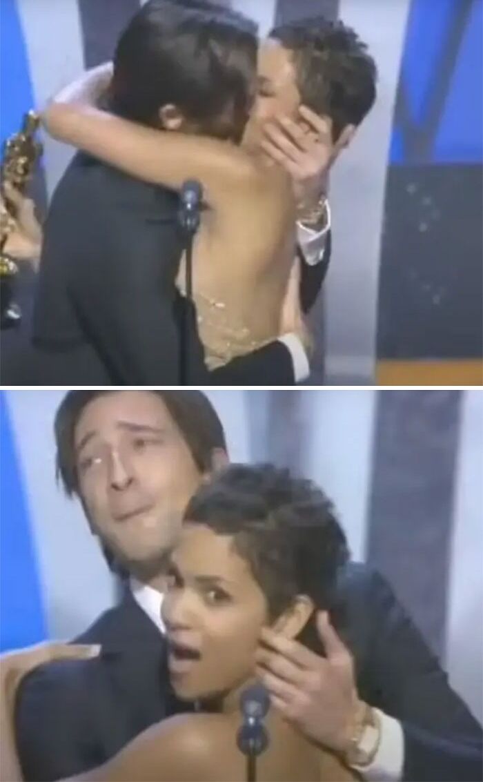 Two individuals share a surprising kiss on stage during an awards show, creating a scandalous moment.