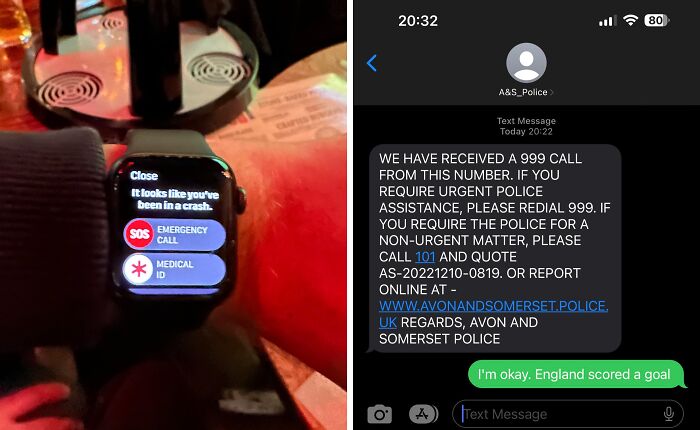 Smartwatch crash alert triggers false emergency text during football match.