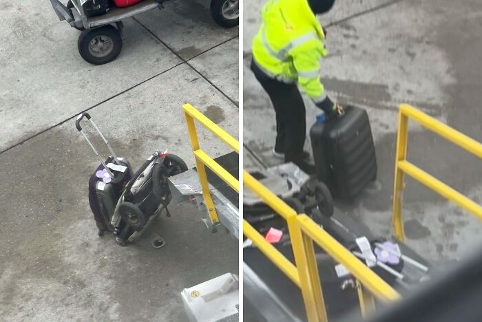 Airline baggage mishap with damaged luggage on airport tarmac, handled by staff in high-visibility jacket.