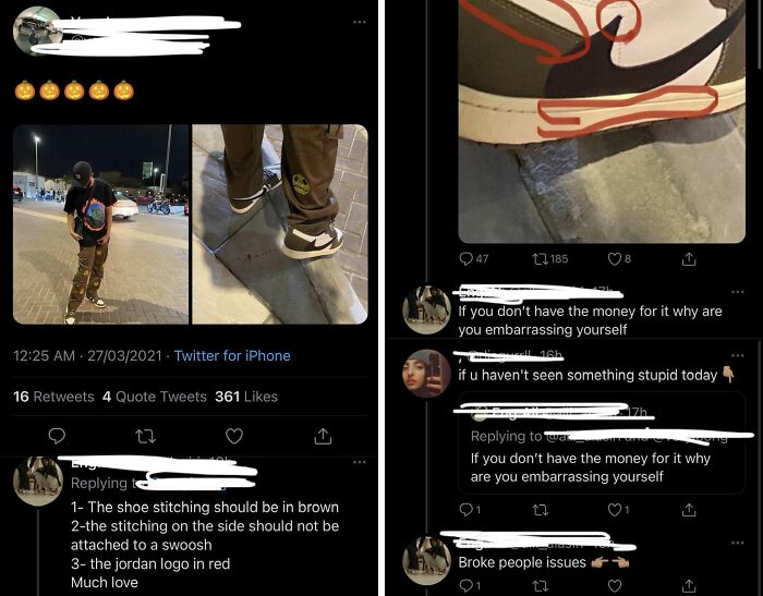 Rich people shamed online for fake shoes with incorrect stitching and logo details in social media comments.