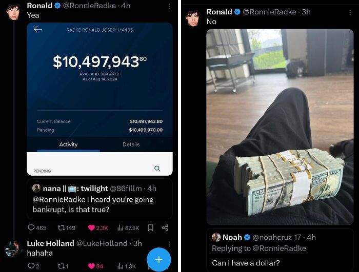 Wealthy individual flaunts a $10 million bank balance and cash stack on social media.