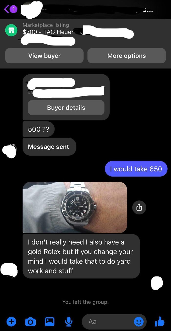 Text conversation about selling a TAG Heuer watch, highlighting wealth and rich people dynamics.