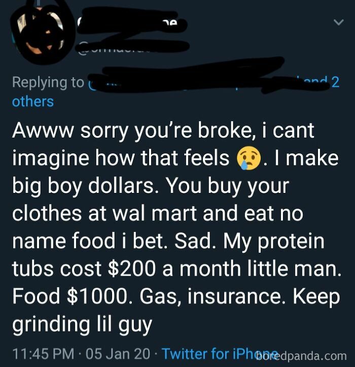 Tweet mocking someone's financial situation, discussing costs and wealth.