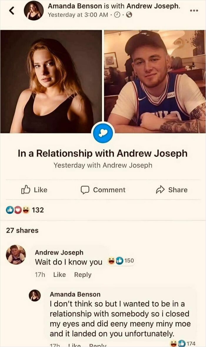 Screenshot of a sarcastic social media relationship post with humorous comments.