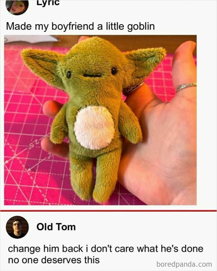 Hand holding a cute green plush goblin with humorous comments, perfect for sarcasm lovers.