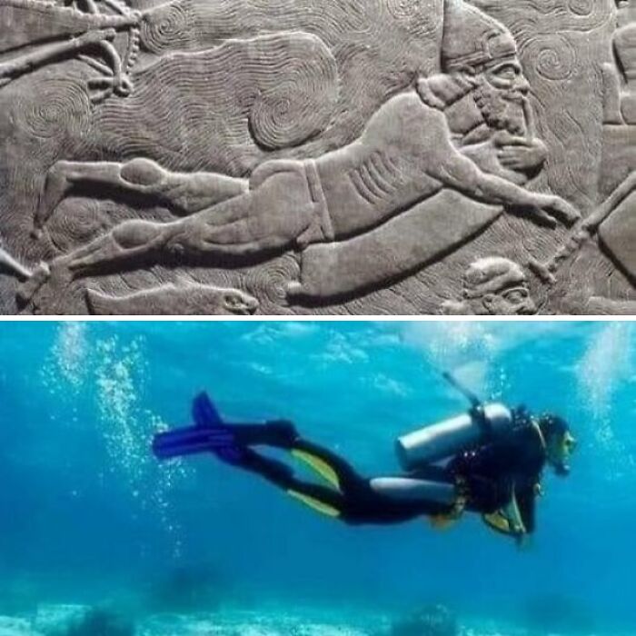 Ancient explorers depicted in stone with modern diver below, showcasing historical and contemporary exploration contrast.