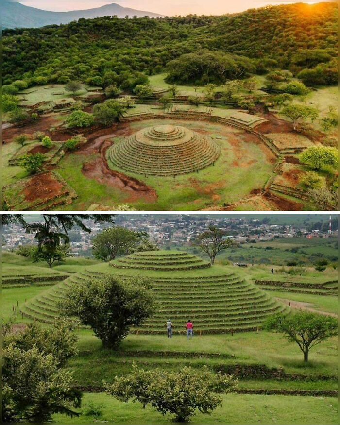 Ancient explorers' preserved circular pyramids amidst lush greenery and trees.