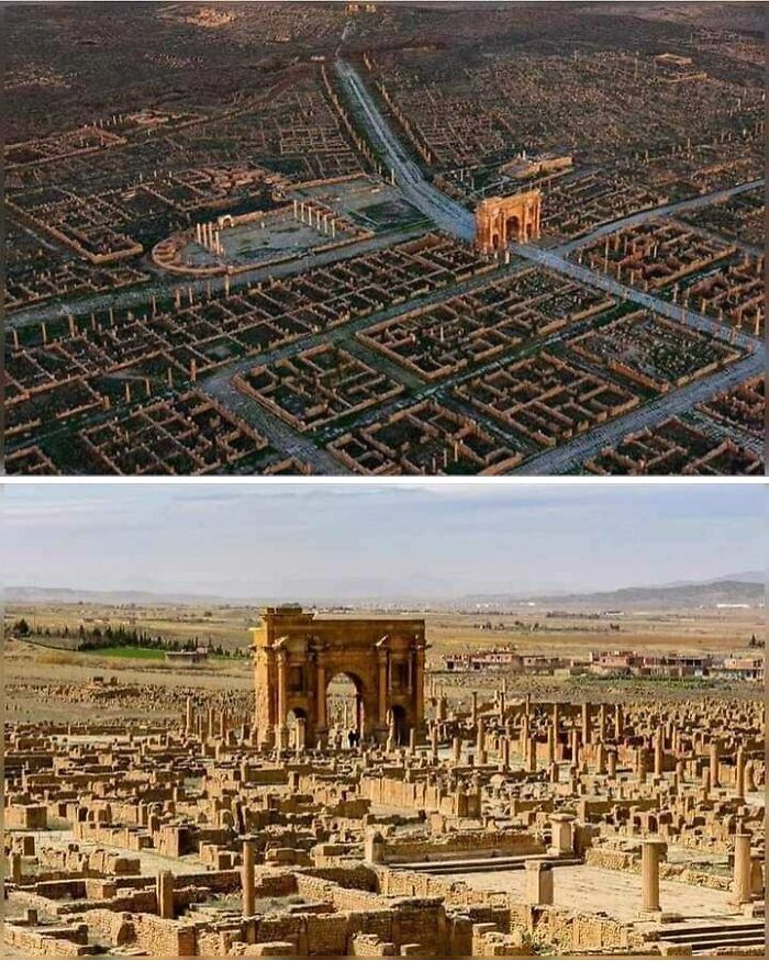 Ancient explorers capture preserved ruins of a vast archaeological site with columns and a triumphal arch.