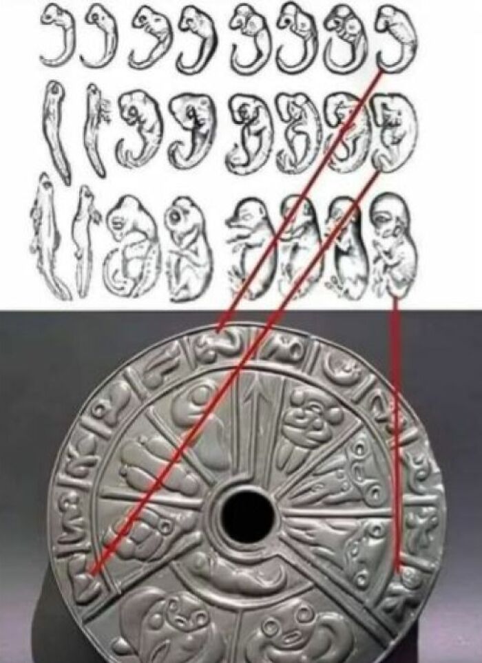 Ancient explorers' artifact showing engraved symbols and figures on a circular stone.
