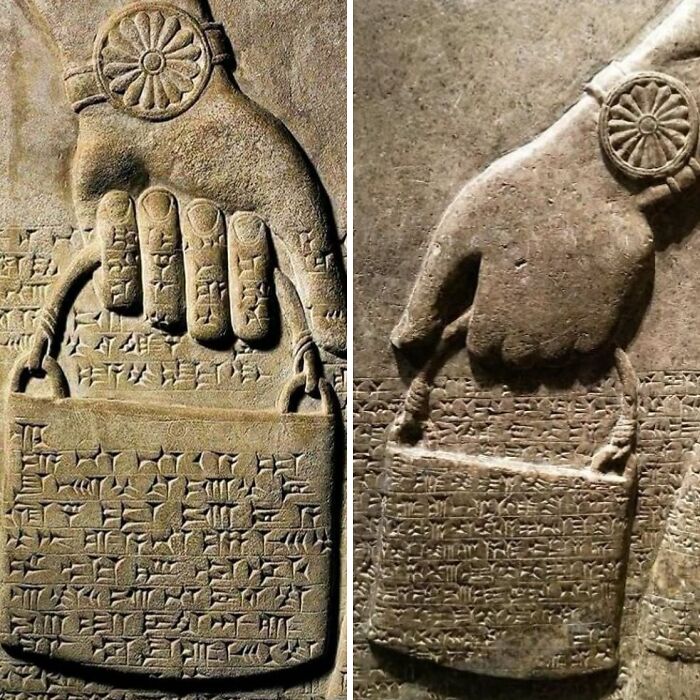 Ancient explorers' carvings of hands holding detailed bags with cuneiform script.