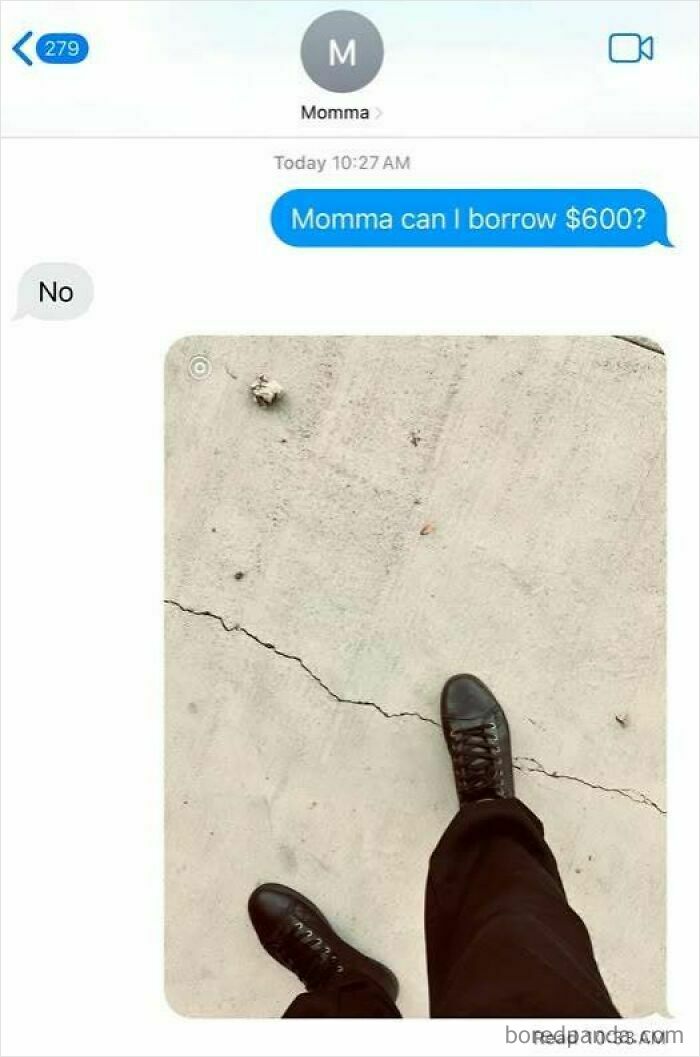 Text conversation with sarcastic response; a person stands on c*****d pavement, symbolizing refusal.