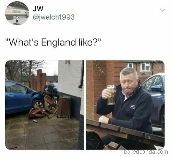 Man with a beer sitting beside a fallen fence, representing sarcasm in England.