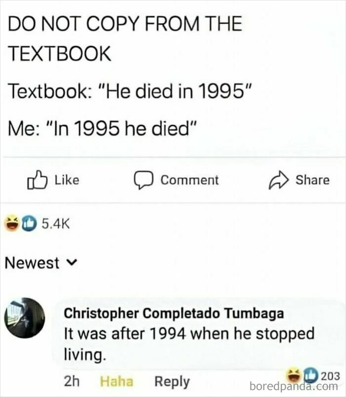 Textbook sarcasm meme with a humorous comment on altering the phrasing of an event from 1995.