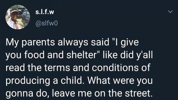 Tweet by s.l.f.w sarcastically questioning parental responsibilities, with humor about food and shelter for children.