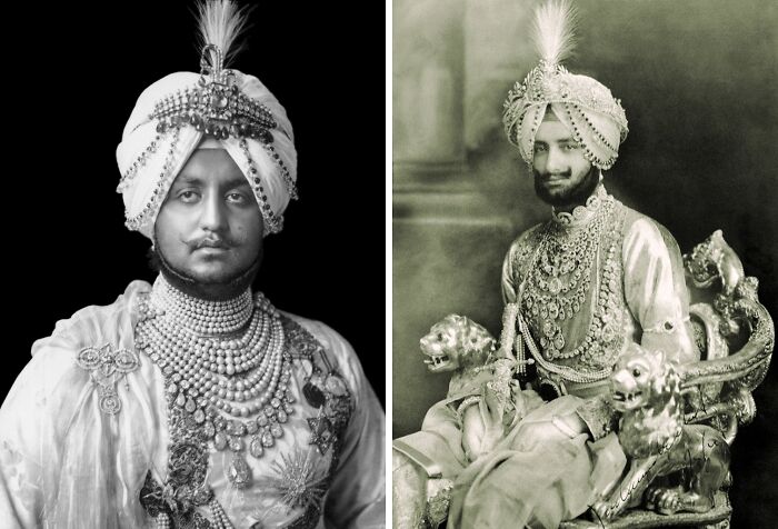 Two royals adorned in elaborate jewels, representing real-life lost treasures, in vintage photographs.