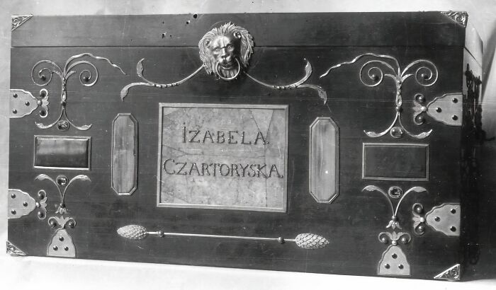 Antique treasure chest with ornate design, labeled "Izabela Czartoryska."