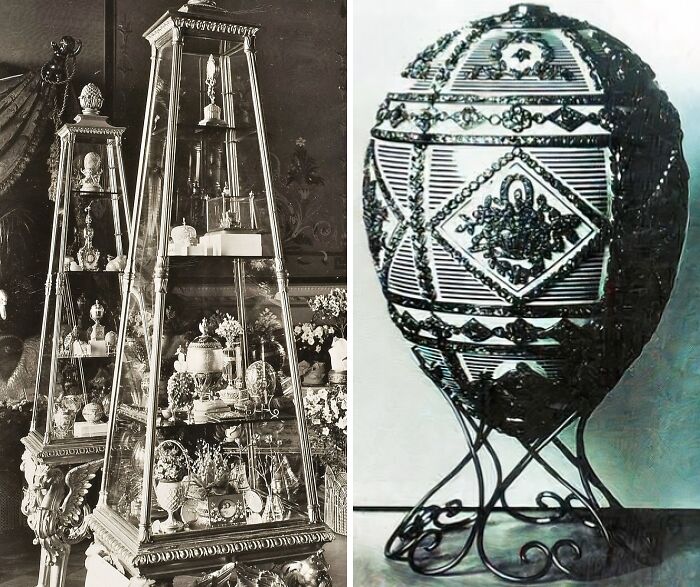 Antique treasure display with ornate objects and a detailed jeweled egg on a stand, symbolizing lost treasures.