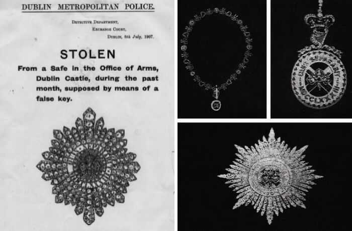 "Images of stolen treasures from Dublin Castle, including jewels and a police notice about the theft."