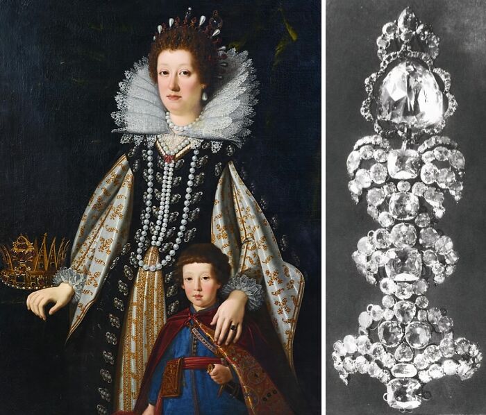 A historical painting of a woman and child in regal clothing beside an image of a jeweled lost treasure.