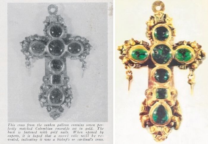 Lost treasure: a jeweled cross with emeralds from a sunken galleon, showcasing intricate design in gold.