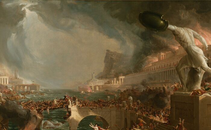 Painting of historical turning point showing chaos and fire consuming an ancient city by the sea.