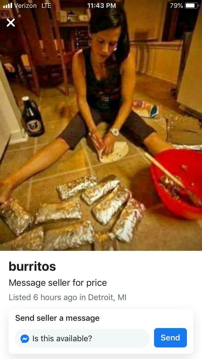 Person making burritos on the floor with foil-wrapped burritos for sale on Facebook Marketplace.