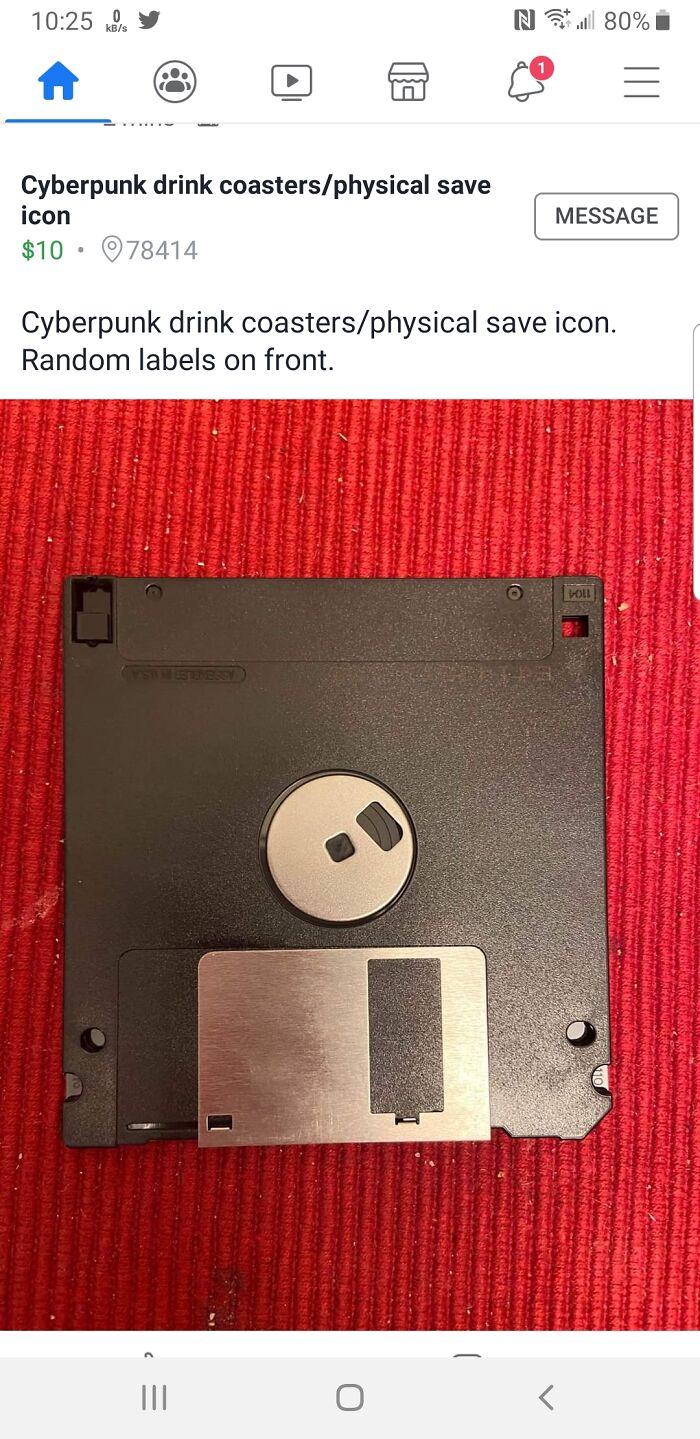 Floppy disk labeled as cyberpunk drink coasters for sale on Facebook Marketplace.