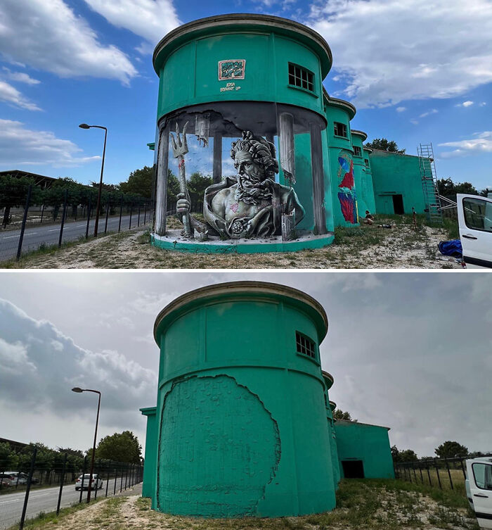 3D street art mural of Poseidon on a green cylindrical building, showcasing a mind-bending transformation.