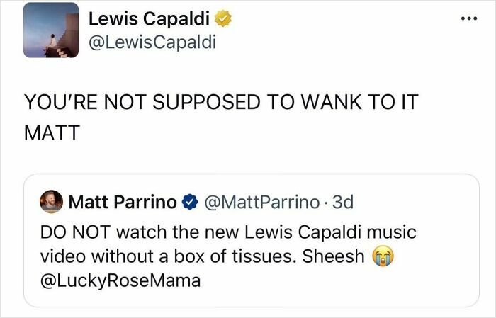 Tweet exchange showcasing Scottish humor with a funny response to a music video comment.