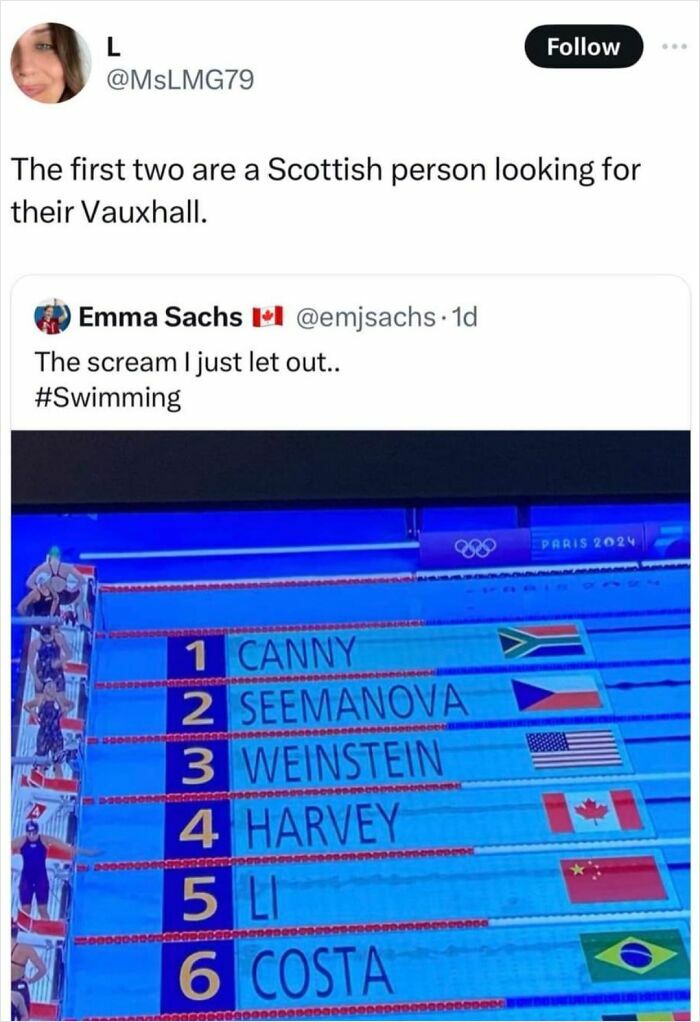 Scottish humor tweet about swimming race names resembling Scottish phrase, highlighting funny context.