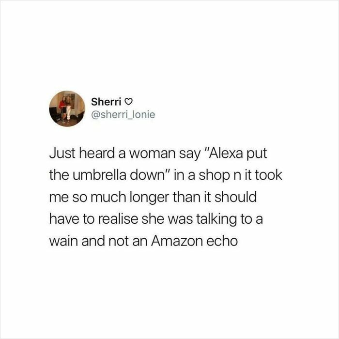 Text post showcasing Scottish humor about mistaking a child for Alexa in a shop.