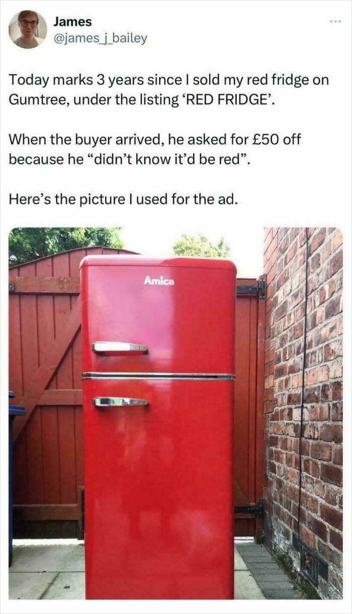Red fridge photo highlighting Scottish humor with a humorous buyer story.