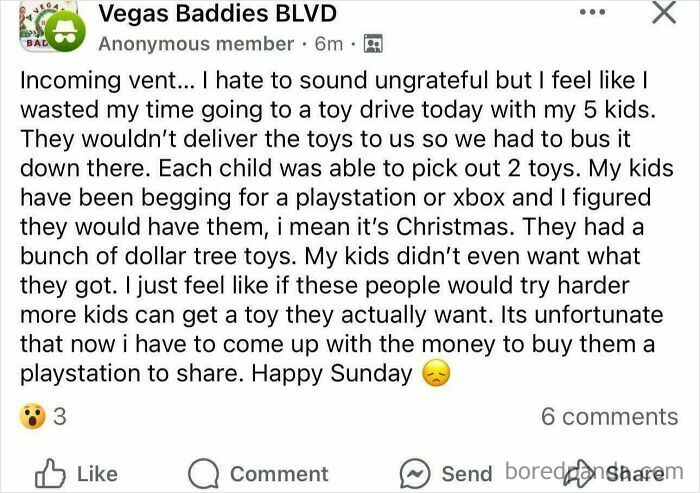 Anonymous user complains about toy drive selection in online community, highlighting beggars being choosers moment.