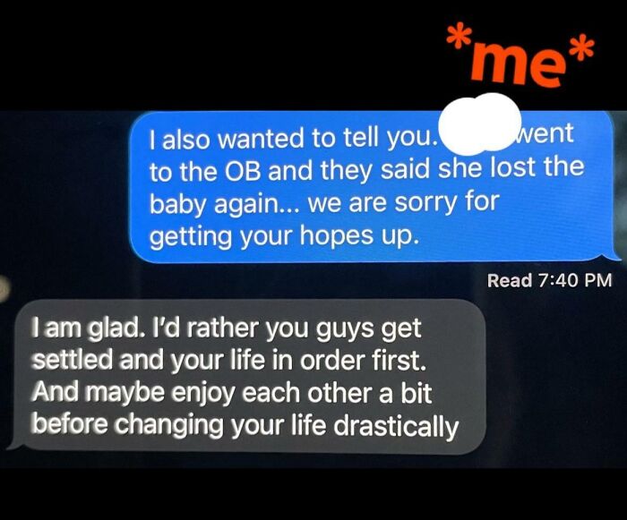 Text conversation showing insensitive in-laws response to a miscarriage announcement.